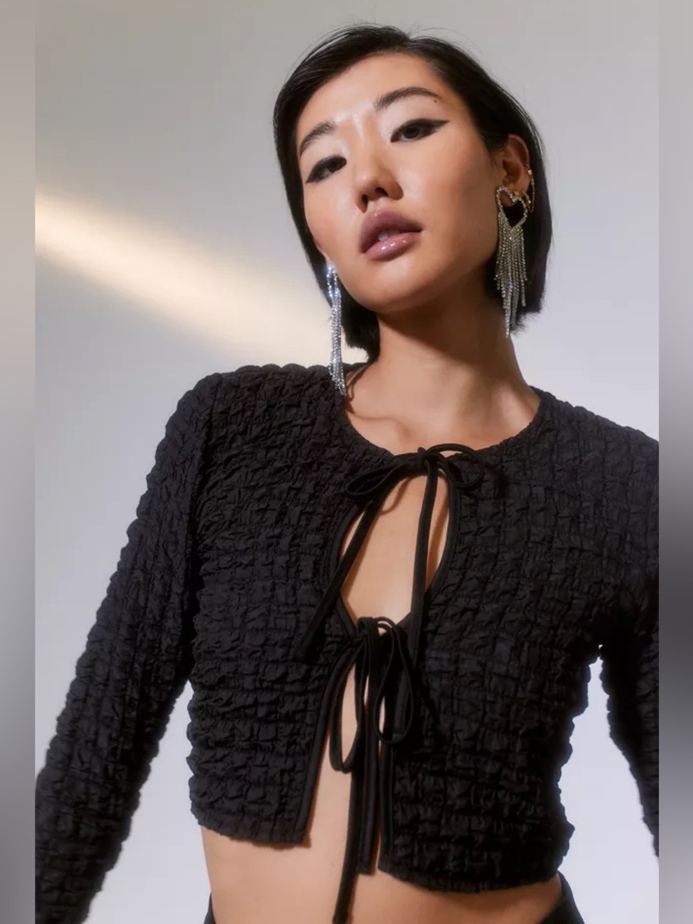 Urban Outfitters Sylvie Bubble Knit Tie-Front Top Black Size S